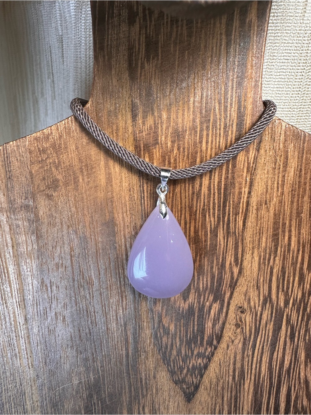 Lavender Teardrop Pendant Necklace on Brown Rope